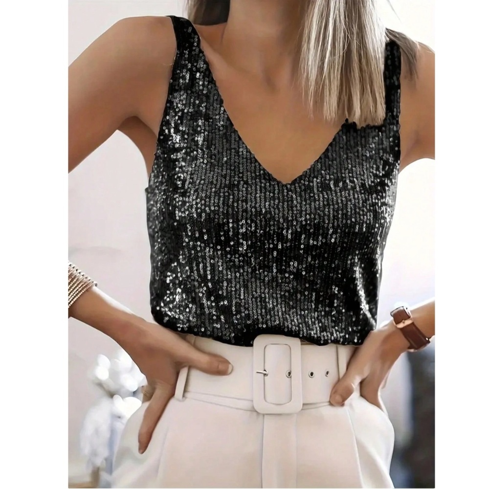 All Over Sequin Black V-Neck Cami Top